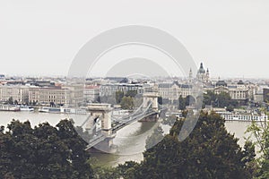 Cloudy Budapest view on the famous bridge from the Buda highest