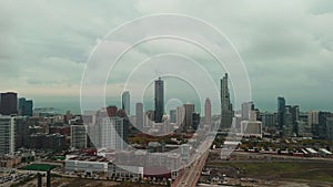 Cloudy day in downtown Chicago Illinois, skyscrapers and business centers of the central part of the city are covered