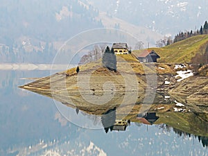 Cloudy day during late winter on the WÃ¤gitalersee Waegitalersee or Wagitalersee Lake in the WÃ¤gital / Waegital or Wagital