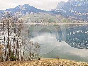 Cloudy day during late winter on the WÃ¤gitalersee Waegitalersee or Wagitalersee Lake in the WÃ¤gital / Waegital or Wagital