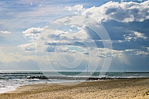 Cloudy day in the Mediterranean Sea in Cubelles beach, Barcelona, Catalonia, Spain