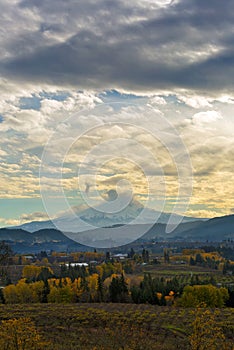 Cloudy day over Mount Hood at Hood River Oregon USA