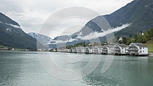 cloudy day over the small village located at the inner end of the Sognefjord in Skjolden, Norway