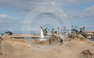 Cloudy day view of the harbor entrance from the ocean