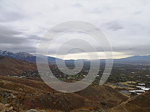 Cloudy fall day, view of the mountains from Living Room Trailhead hike