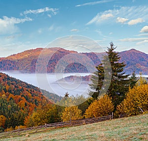 Cloudy and foggy autumn mountain early morning pre sunrise scene. Ukraine, Carpathian Mountains, Transcarpathia