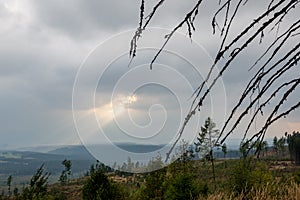 cloudy and foggy sunrise over slovakian landscape in autumn