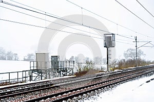 Cloudy foggy winter day view of UK Railroad in England. Emma storm railway landscape.