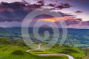 Cloudy landscape at sunset in the Peak District, Derbyshire, UK photo