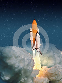 Cloudy launch of rocket into starry outer space. `The elements of this image furnished by NASA`