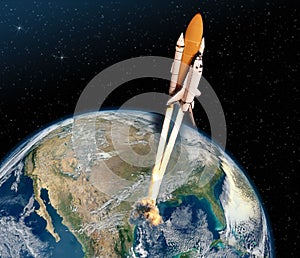 Cloudy launch of rocket into starry outer space.