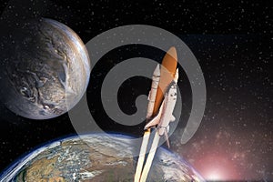 Cloudy launch of rocket into starry outer space.