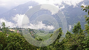 cloudy and misty lush green himalaya mountain foothills and countryside panoramic view near darjeeling hill station