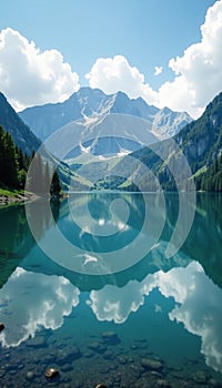 Cloudy mountain peaks mirrored in the surface of a peaceful lake calmness mirror reflective