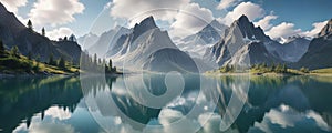Cloudy Mountain Peaks Reflected in a Serene Lake - Nature's Mirror-Generative AI
