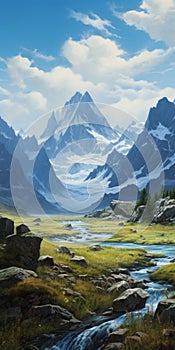 Cloudy Mountains: A Detailed Fantasy Art Painting Of Tundra And Mountains