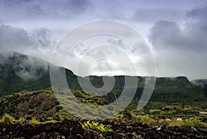 Cloudy mountains of flores, acores islands