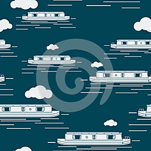 Cloudy Narrow Boats Vector Illustration Dark Background Seamless Pattern
