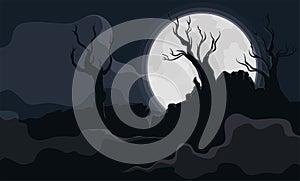 Cloudy Night over Forest with Dry Trees and Full Moon, Vector Illustration