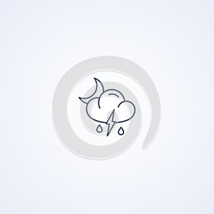 Cloudy night, thunderstorm and downpour, vector best gray line icon