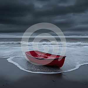 Cloudy rainy ocean with a tiny red rowboat in the waves