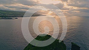 Cloudy sea shore panorama drone view. Aerial calm seascape before evening storm.