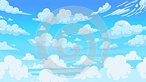 Cloudy sky background. Cartoon atmospheric anime scenery with white clouds and sunny blue summer sky. Vector sunny