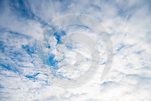 Cloudy sky background. White clouds on sky. Cloud cover. Cumuliform cloudscape