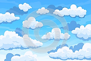 Cloudy sky. Cartoon background with blue summer sky and cumulus clouds. Vector clean air and atmosphere concept
