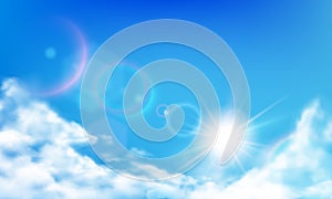 Cloudy sky. Daytime bright sun, sunny day clouds and realistic cloud in blue sky realistic vector background