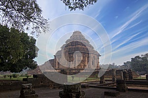 Cloudy sky Landscape view of the ancient 13th CE Sun temple, Konark