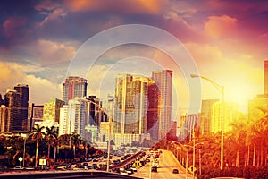 Cloudy sky over downtown Miami at sunset