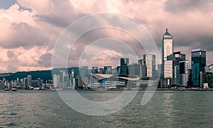 Cloudy sky over Hong Kong cityscape at Victoria harbour