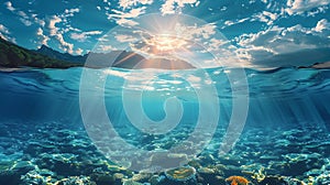 Cloudy sky with the sun split by waterline to underwater scene nature background AI generated