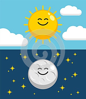 Cloudy sky with sun, starry sky with moon