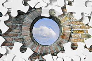 Cloudy sky view from the window - freedom concept in jigsaw puzzle shape