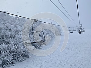 Cloudy snowing day at ski resort Vermont