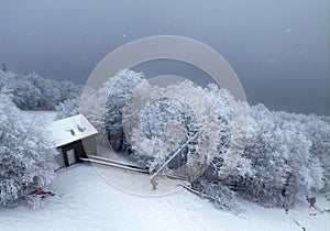 Cloudy snowing day at ski resort Vermont