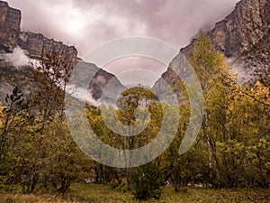 Cloudy and stormy valley in autumn in Ordesa National Park