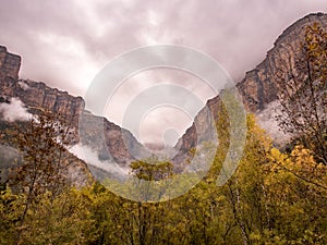 Cloudy and stormy valley in autumn in Ordesa National Park