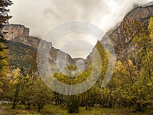 Cloudy and stormy valley in autumn in Ordesa National Park