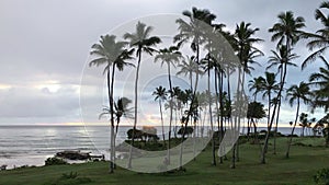 Cloudy Sunrise in October in Wailua Bay near Hikinaakala Heiau on Kauai Island, Hawaii.