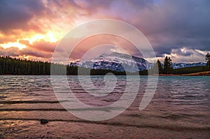 Cloudy Sunrise Sky Over Two Jack Lake