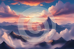 Cloudy sunset mountains peaks-poking out of the clouds anime