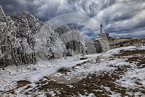 Cloudy sunset at old Buzludzha monument, near Shipka , Bulgaria