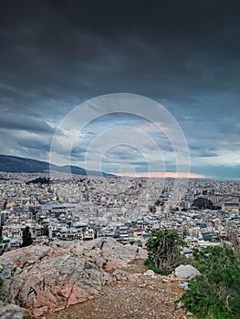 Cloudy sunset over Athens cityscape Greece