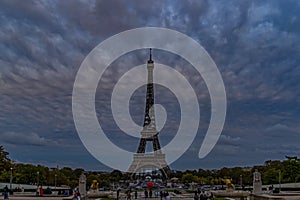 Cloudy Sunset Over Paris and Eiffel Tower From Trocadero Park Peoples and Architecture