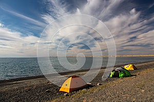 Cloudy view on a mountain lake. Mongolia