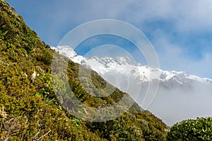 Cloudy view to the Mount Aoraki from Mueller Hut Route, Mount Aoraki National Park in New Zealand