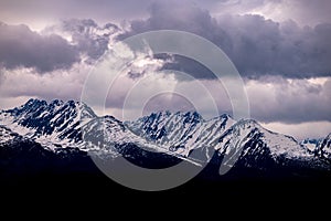 Cloudy winter landscape of the Tatra Mountains. Solisko and Satan peaks